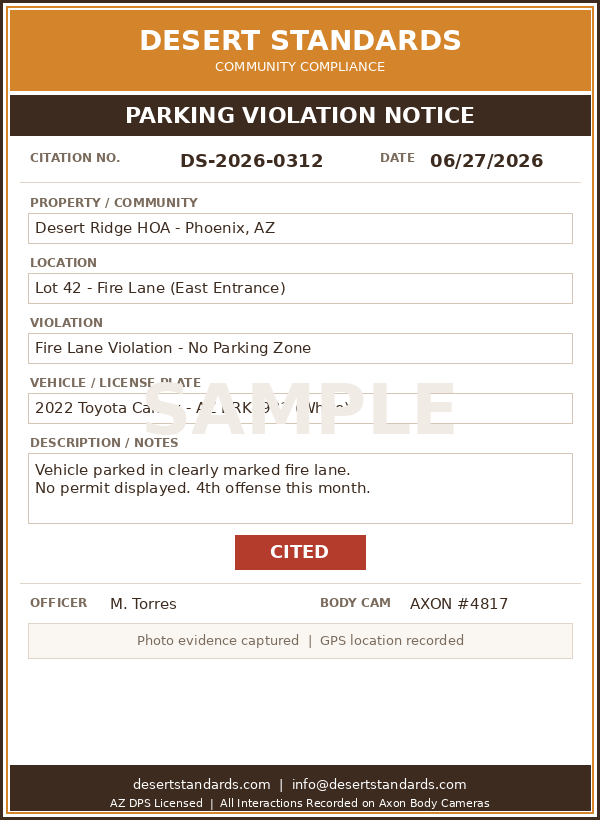Sample parking violation citation